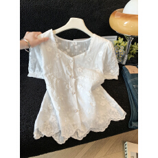 批发法式方领短袖衬衫女夏季2026新款刺绣设计感法式<b class='q'>泡泡袖</b>衬衣短上衣