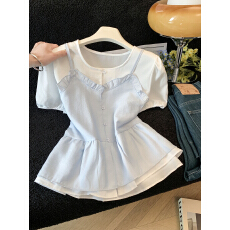 批发蓝色甜美风假两件泡泡袖衬衫女夏季吊带<b class='q'>娃娃衫</b>减龄超好看短袖上衣