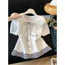 批发白色圆领泡泡袖衬衫女夏2026夏季新款荷叶边短袖<b class='q'>娃娃衫</b>衬衣短上衣