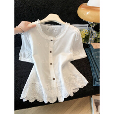 批发法式镂空短袖<b class='q'>衬衫女</b>薄款2026新款夏季<b class='q'>韩版</b>刺绣高级感小个子上衣