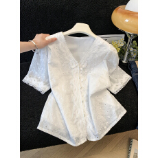 批发韩式V领刺绣短袖衬衫女夏季新款设计感百搭<b class='q'>薄</b>款小衫显瘦气质上衣