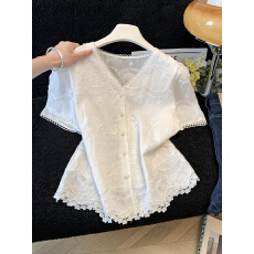 批发蕾丝上衣女轻奢高级感夏<b class='q'>薄</b>款法式v领小衫2026新款小香风短袖衬衫