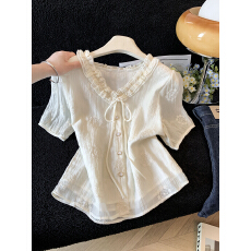 批发法式气质V领短袖衬衫女2026夏季新款别致设计感洋气小众宽松上衣