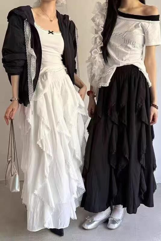 ashy snow 요정 De 루이 당겨서 무거운 작업 자르기 우아한 레이스 불규칙 반신 롱 스커트 여성 휴가 여름