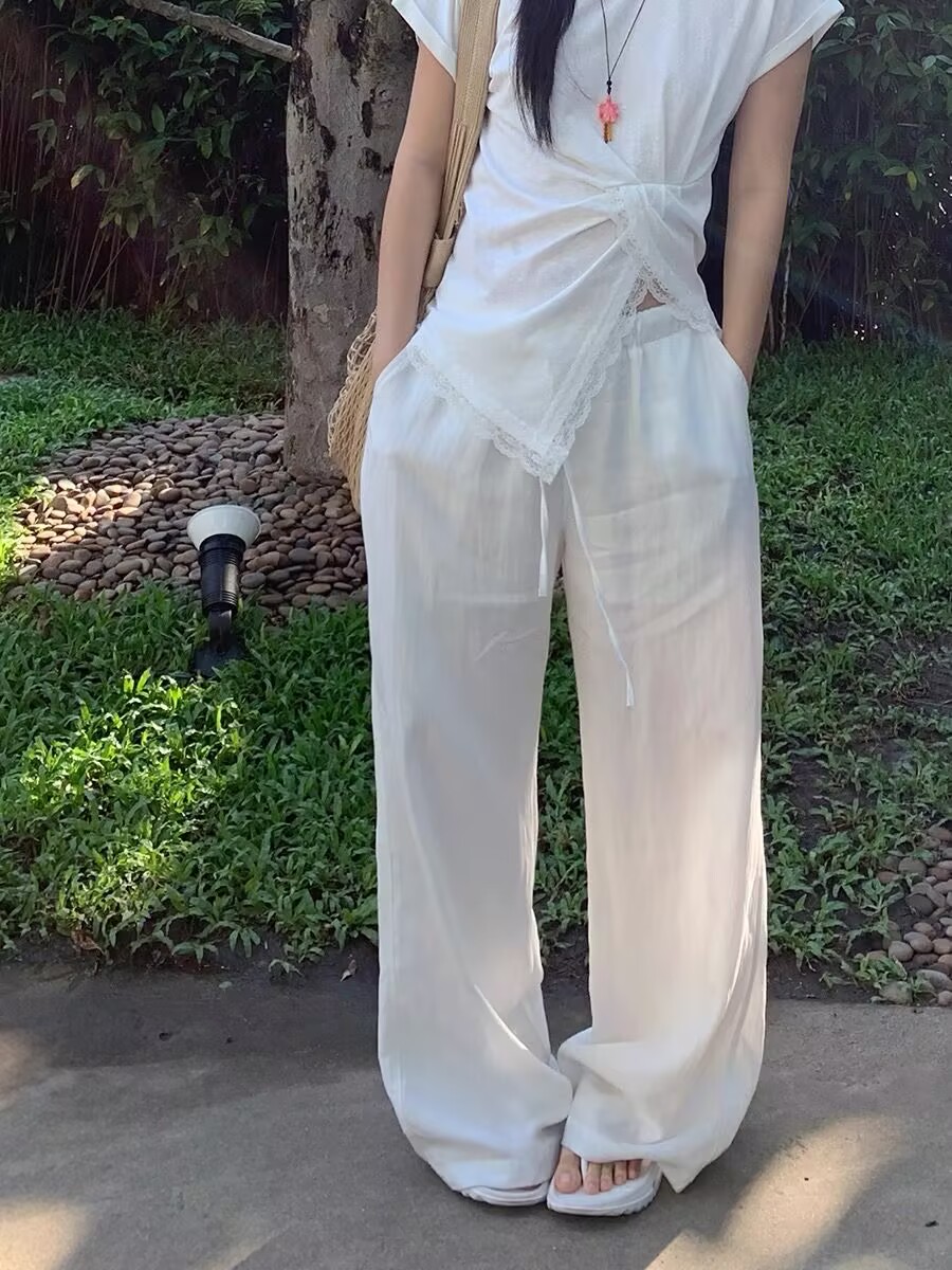 화이트 와이드 레깅스 바지 2026 새로운 봄 루즈핏 느긋한 바람 캐주얼 바지 긴 바지 높은 허리 바지 아이들