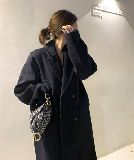 한국 chic 겨울 프랑스식 고급 센스 정장 칼라 주머니 이중 버튼 루즈핏 울 리 코트 재킷