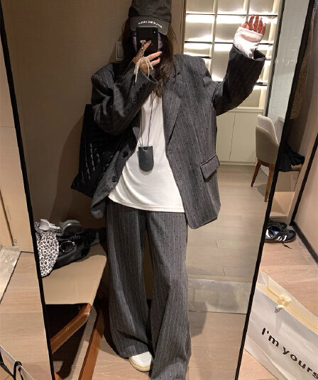 휴식 센스 oversize 스트라이프 프로필 모양 정장 여성 코트 가을 작은 대중 고급 센스 정장