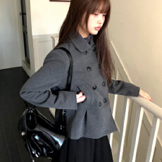 批发学院风双排扣纯色百搭毛呢外套女秋冬季拼接压褶收腰显瘦呢子西服