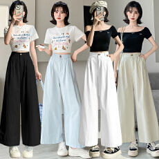 批发实拍夏季新款洗水棉松紧<b class='q'>高腰</b>显瘦宽松休闲直筒垂感阔腿裤<b class='q'>九分裤</b>女