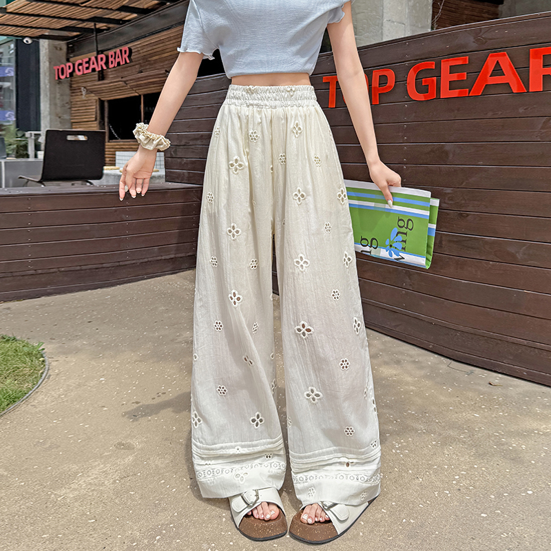 실사 화이트 자수 자수 홀로우 아웃 스트레이트 캐주얼 바지 여성 면 100% 레이스 조각 스트레이트 하이웨이스트 넓은 다리 길이 바지