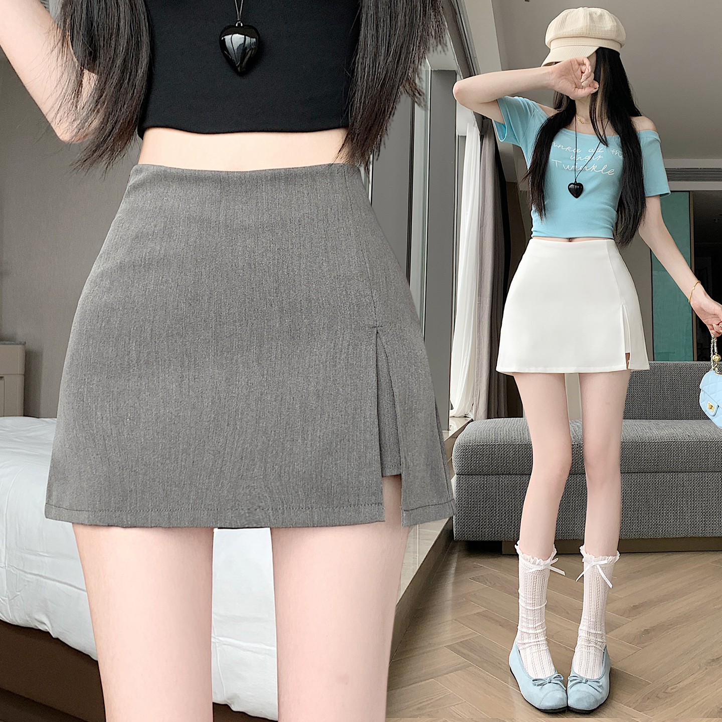 실사 여름 회색 트임 반신 스커트 여성 하이웨이스트 타이트 스커트 슬림해 보이는 A라인 스커트 타이트 스커트 정장 미니 스커트