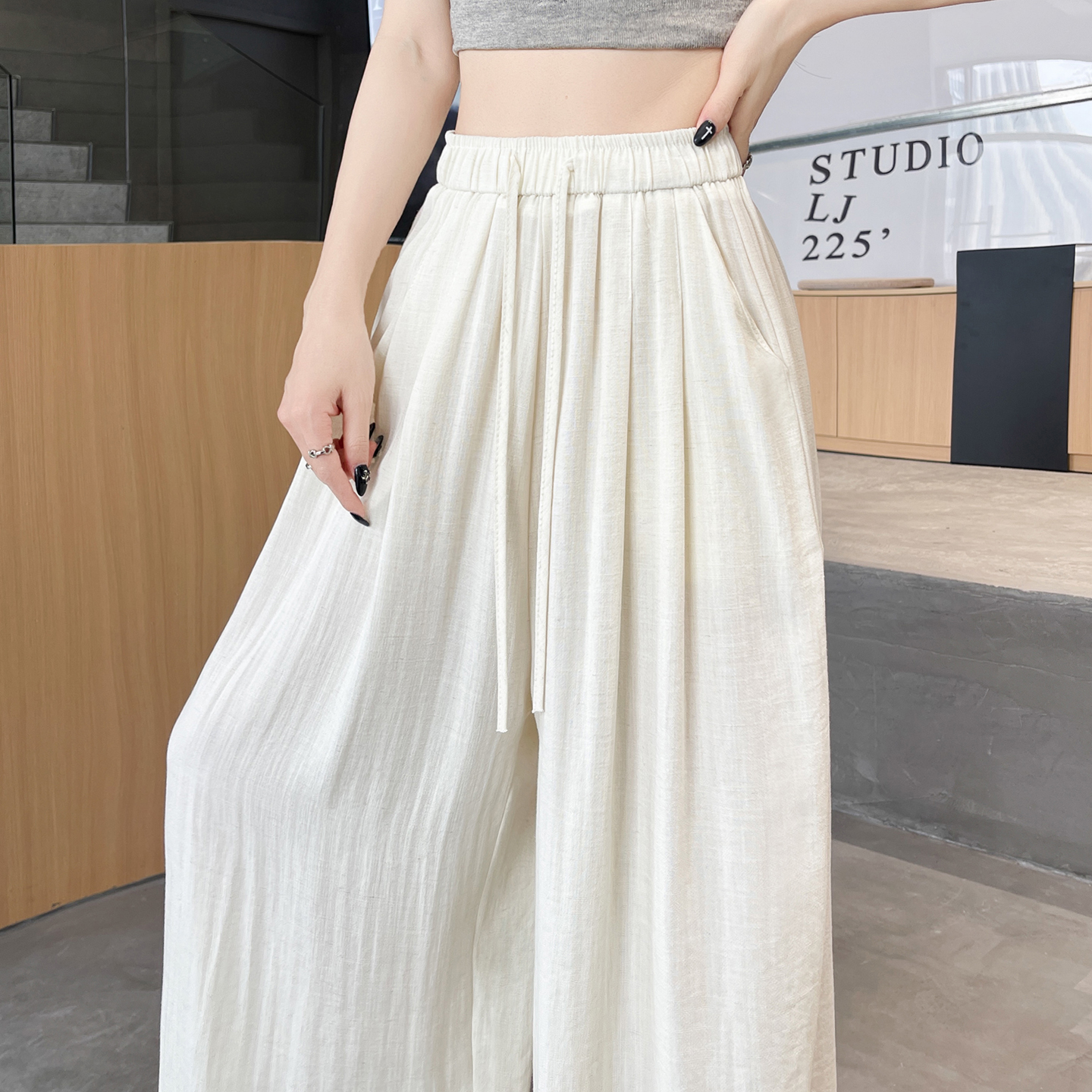 실사 얼음 실크 면 린넨 바지 펌프 로프 와이드 레깅스 바지 여름 도루 하이웨이스트 루즈핏 느긋한 바람 캐주얼 스트레이트 바닥 청소 바지