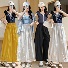 实拍夏季灯笼气球裤阔腿裤女新款高腰裤子显瘦小个子花苞九分裤