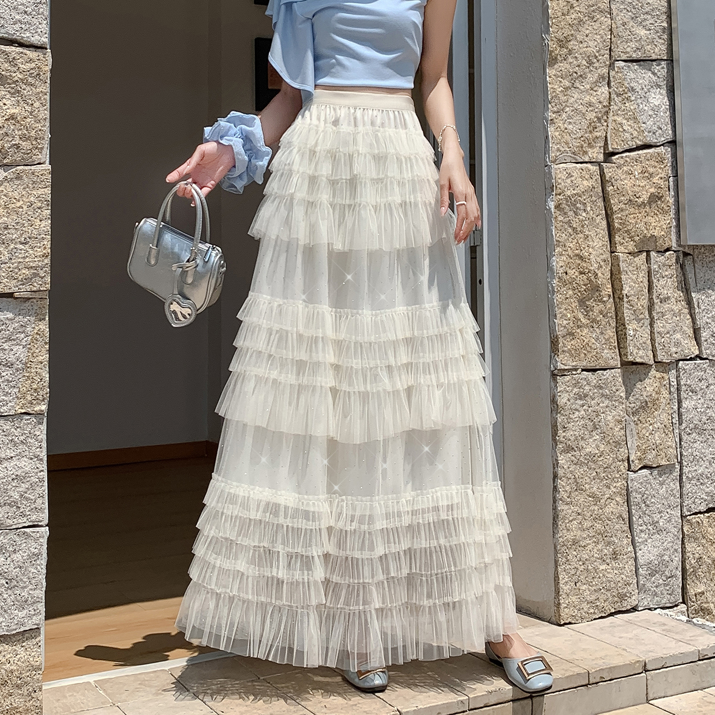 실사 여름 새로운 Gypsophila 핫픽스 패치워크 망사 치마 여성 큰 진자 퍼프 한 마디 반신 롱 스커트 케이크 드레스