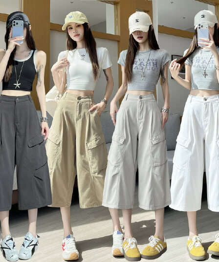 여름 새로운 디자인 센스 넓은 다리 7부 바지 워크웨어 스트레이트 바람 다용도 루즈핏 아메리칸 캐주얼 와이드 레깅스 바지