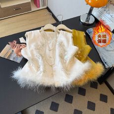 批发实价#米色高端新中式重工刺绣马甲秋冬夹棉无袖盘扣坎肩外穿背心