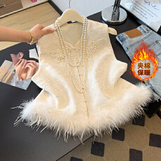 批发实价#新中式马甲女重工刺绣国风马夹鸵鸟毛白色坎肩上衣<b class='q'>背心</b>冬季