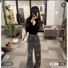 批发OS&one show<b class='q'>烫钻</b>山茶花<b class='q'>牛仔裤</b>宽松显瘦阔腿直黑色上衣套装