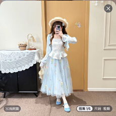 批发油画软纱 织物猪原创 早春蓝色刺绣假两件吊带<b class='q'>连衣裙</b>清透薄纱短裙