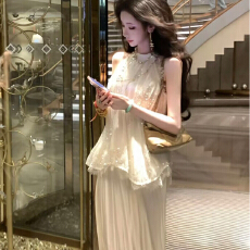 批发雅乔定制千山暮雪 压褶亮片无袖挂脖A字摆上衣<b class='q'>套装</b>