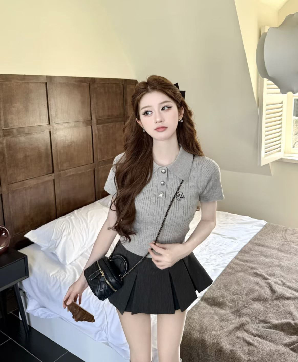 2026 한 부서 높음 지혜 센스 학원 스타일 여름 순수한 욕망 POLO 칼라 니트 반팔 노출 방지 플리츠 스커트 투피스 세트