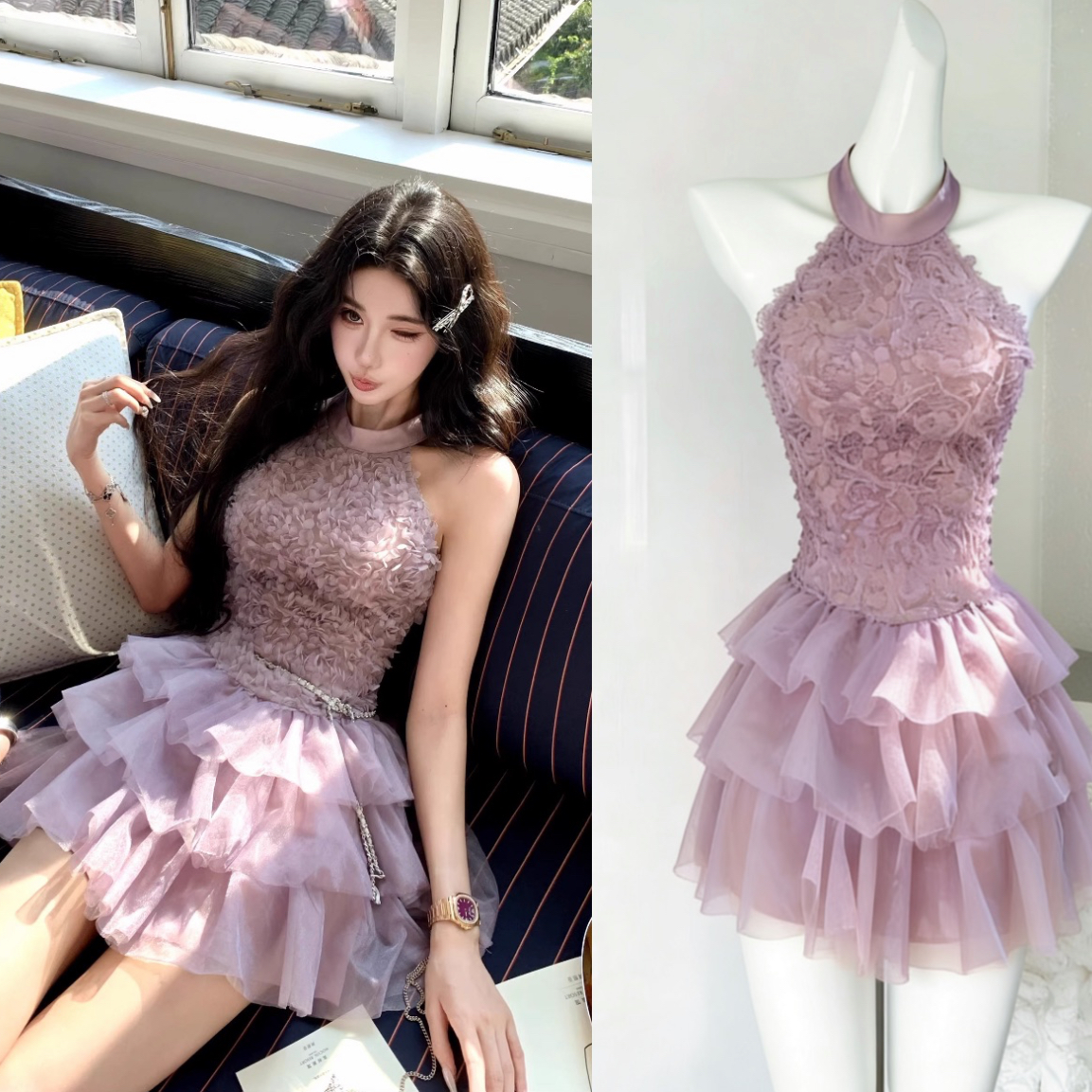 barb chill 안개 보라색 발레 향기로운 芋 보라색 자카드 여성 드레스 여름 순수한 욕망 행침 목 망사 미니 스커트