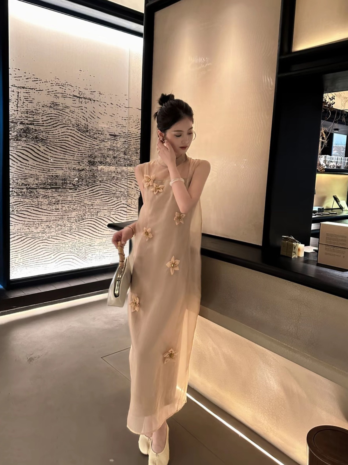 luozhiyin 루오 친한 친구 여름 새로운 중식 부드러운 바람 3 차원 꽃 슬림해 보이는 민소매 드레스 r123944w
