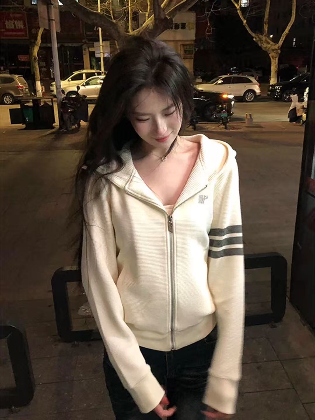 한 부서 레트로 후아 남편 그리드 스트라이프 오픈 가디건 후드티 여성 봄 가을 디자인 센스 작은 대중 느긋한 바람 자이언트 잘 생긴 재킷