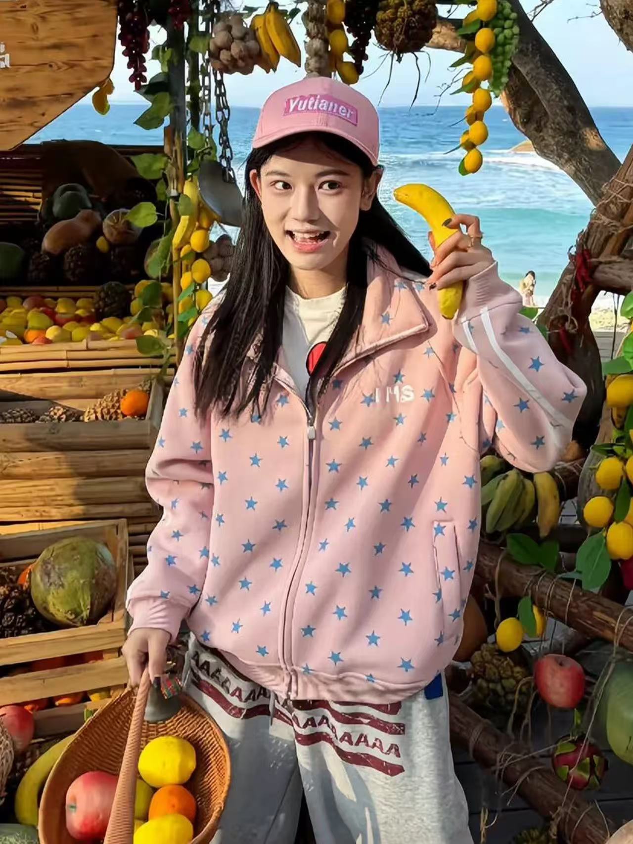 아메리칸 레트로 핑크색 스탠드 칼라 재킷 여성 이른 봄 전체 인쇄 별 프린트 후드티 오픈 가디건 학원 스타일 봄 재킷