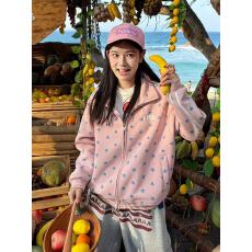 批发美式复古粉色立领夹克女早春满印星星印花<b class='q'>卫衣</b><b class='q'>开衫</b>学院风春季外套