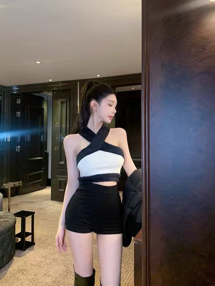 chill 챠오어 Jiao 矜 honey 순수한 욕망 바람 행침 목 조끼 여성 배색 패치워크 몸매 가꾸기 쇼트 스타일 만나는 맨위