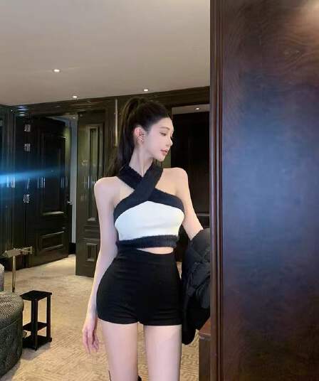 chill 챠오어 Jiao 矜 honey 순수한 욕망 바람 행침 목 조끼 여성 배색 패치워크 몸매 가꾸기 쇼트 스타일 만나는 맨위