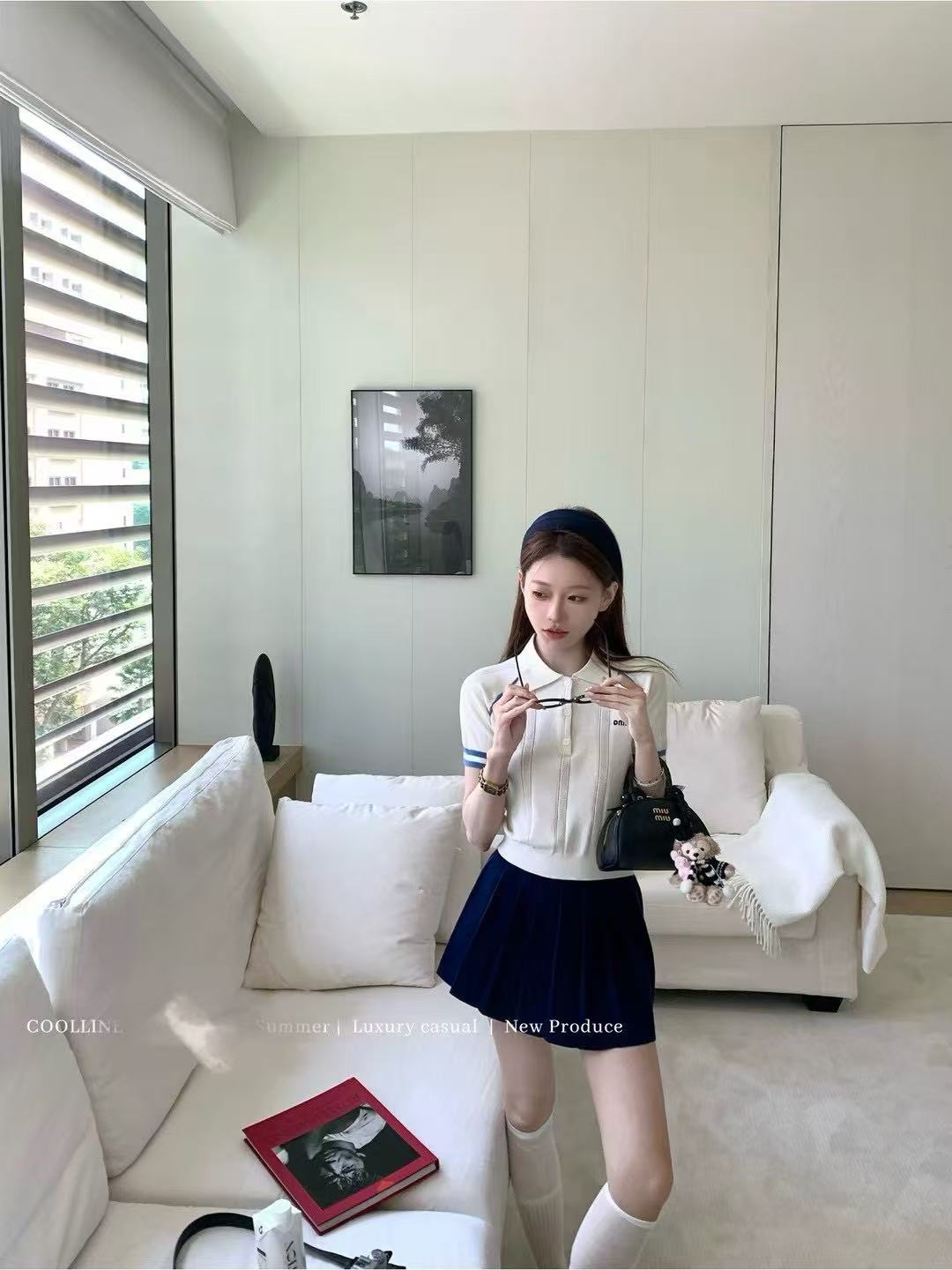 coolline 숲 희 산소 부서 여고생 소녀 센스 미아오 부서 polo 니트 스웨터 세트 해군 플리츠 스커트