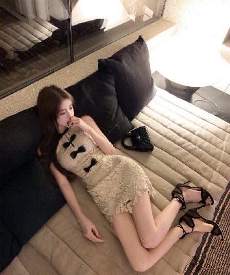 okmashop 매너 치엥 행침 목 레이스 나비 매듭 여성 드레스 여름 명문 여성 바람 타이트 스커트 미니 스커트