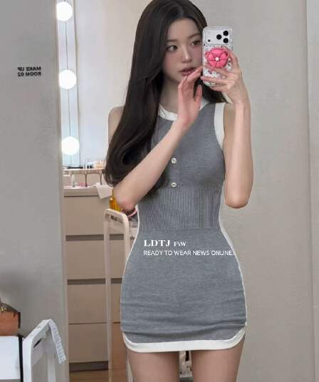ldtj 높음 세트 산소 소녀 장 원 영어 같은 단락 빛 요리 한 바람 패치워크 색상 라운드 넥 조끼 허리 수축 타이트 스커트 드레스