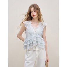 批发薄透<b class='q'>欧根纱</b> 法式蕾丝花边拼接荷叶边背心