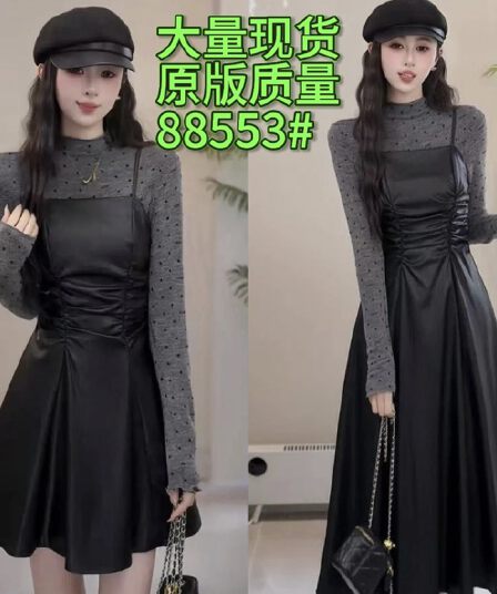 yuanliansu 둥근 얼굴 파삭 파삭 한 빌다 눈 Xiangyue 긴팔 티셔츠 슬립 드레스 두 조각 여성 세트 가을