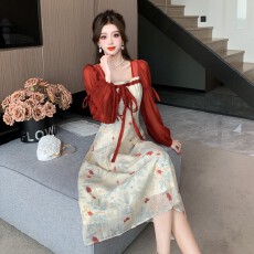 批发浮玉枝意新中式撞色天丝皱印花<b class='q'>连衣裙</b>改良汉服裙2026春季新款