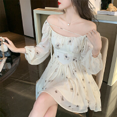 批发ByYou春夏 泡泡袖高级感碎花<b class='q'>白色</b>法式仙女连衣裙设计感收腰中<b class='q'>长裙</b>