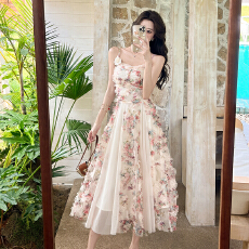 批发一生罗曼法式度假风连衣裙女2026春夏碎花高级感网纱拼接<b class='q'>吊带</b><b class='q'>长裙</b>