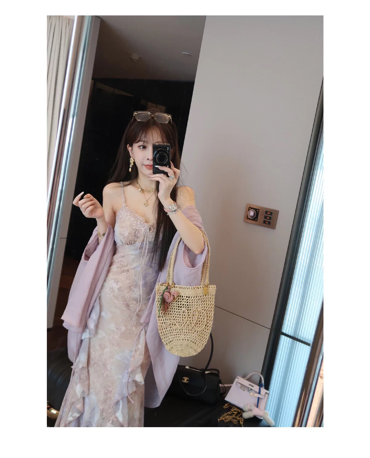 수영하다 사슴 사슴 프랑스식 자수 패치워크 헤일로 염색 혼합 색상 꽃무늬 슬립 여성 드레스 보라색 한 단어 오프숄더 길다 치마