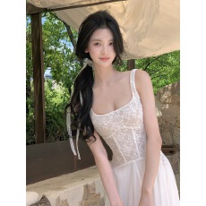 批发从一时刻烟葭氛围感蕾丝方领鱼骨连衣裙气质显瘦A摆鱼尾双版
