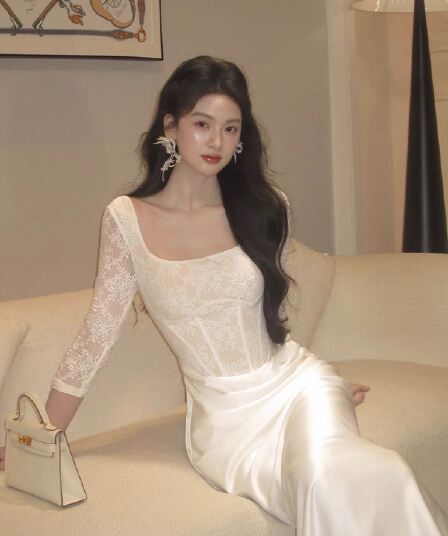 하나부터 순간 연기 갈대 분위기 센스 레이스 광장 칼라 생선뼈 드레스 품격 슬림해 보이는 진자 인어 꼬리 더블 에디션