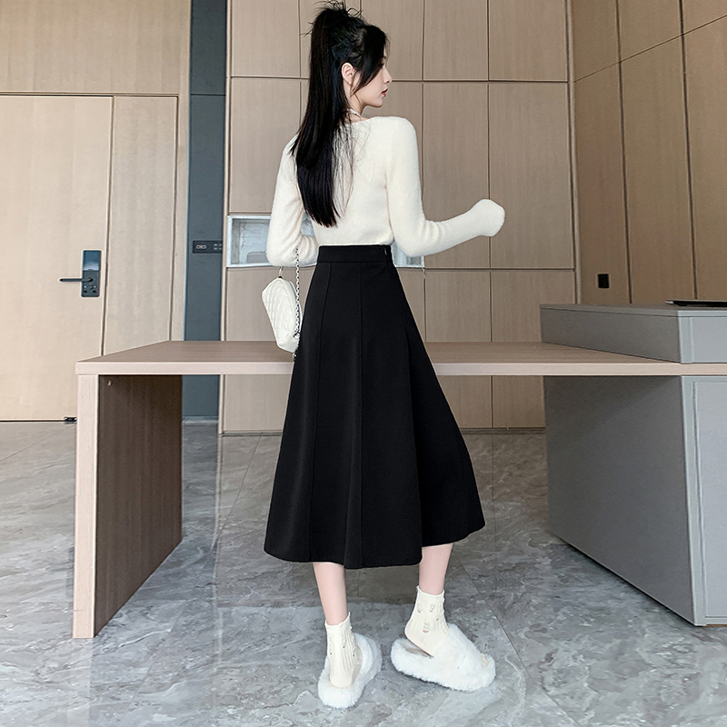 실사 커피 색상 모직 반신 스커트 가을 겨울철 2025 새로운 여성 A라인 스커트 중간 길이 하이웨이스트 슬림해 보이는 우산 치마