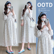 批发实拍 早春新款孕妇装新款网红赫本风蝴蝶提花高品质长袖慵懒长裙