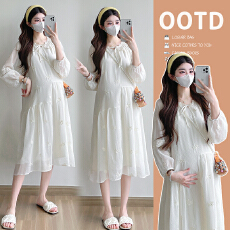 批发实拍 2026<b class='q'>春</b>夏新品孕妇装韩版宽松蕾丝刺绣新中式大码连衣裙