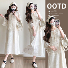 批发实拍 2026早春新款孕妇装蕾丝背心裙＋针织勾花罩衫慵懒套装