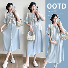 批发实拍 复古叠穿重工蕾丝镂空马甲+圆领宽松短袖长连衣裙衬衫