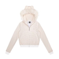 批发氛围感<b class='q'>秋</b>季新款拉链开衫外套兔耳朵条纹毛领修身连帽卫衣女款