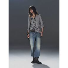 批发小v领银色破碎印花调节袖朋克<b class='q'>街头</b>宽松轻薄长袖T恤